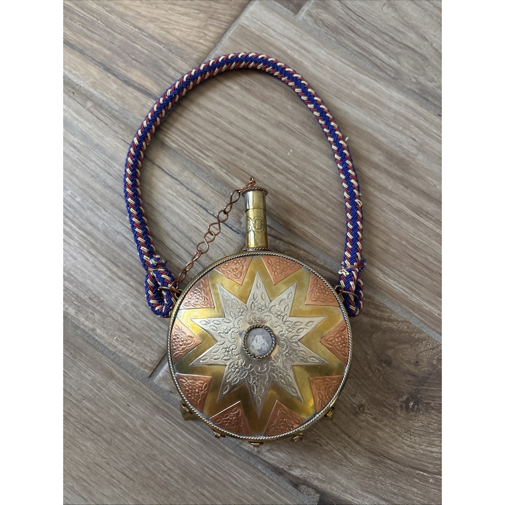 Antique Brass Metal Copper Canteen Flask Powder Horn Flower Star Ornate Rope